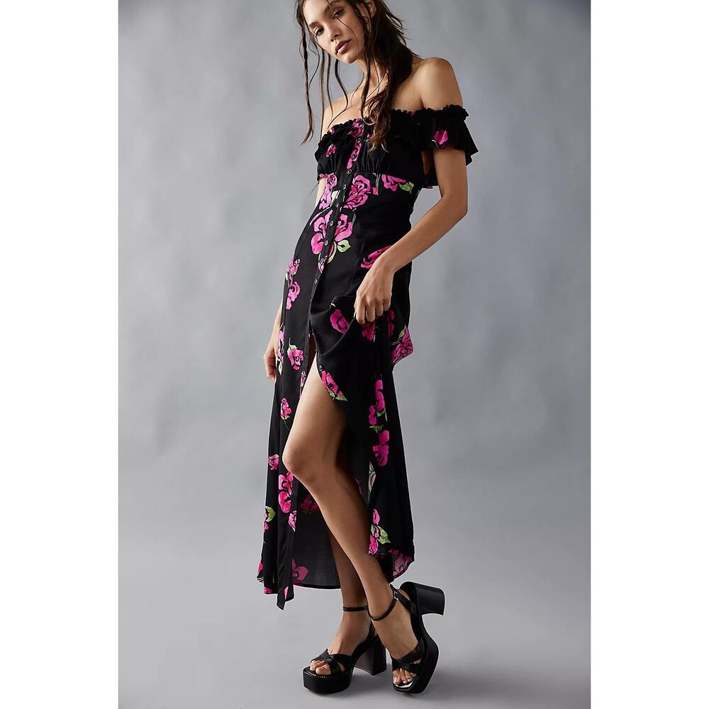 New Free People She's A Dream Floral Midi Dress OTS $168 X-SMALL Black Boho